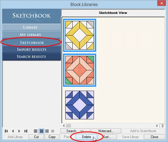 If you want to delete several blocks at a time, go to Library > Block Library > Sketchbook tab. With the Shift key held down, click to select all the blocks you want to delete. Click the Delete button.