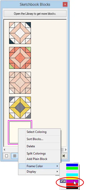 In the Blocks palette, right click to bring up the menu. Point to Frame Color and choose from the eight different colors to highlight your items.