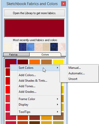 In the color palette, right-click to display the Context menu. Point to Sort Colors.