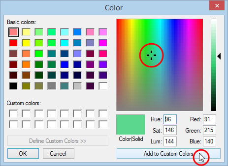 Enter new values in either the RGB (red, green, blue) or HLS (hue, saturation, and luminescence) boxes. You can also click directly on the color spectrum or use the slider bar. Click Add to Custom colors when you've found the color you want.