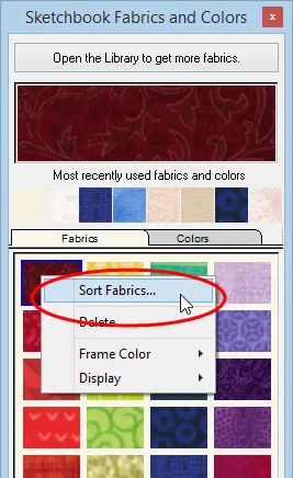 Right-click on the palette to display the menu. Choose Sort Fabrics.