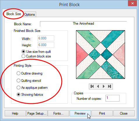Choose your settings and preview or print the block.
