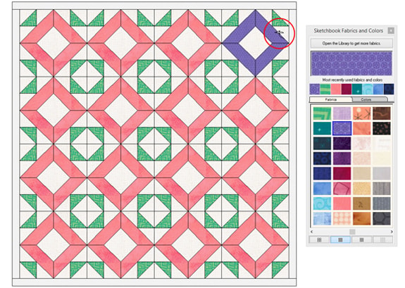 Click to on a patch in the quilt to color all similarly-colored patches in the block with the same fabric or color.