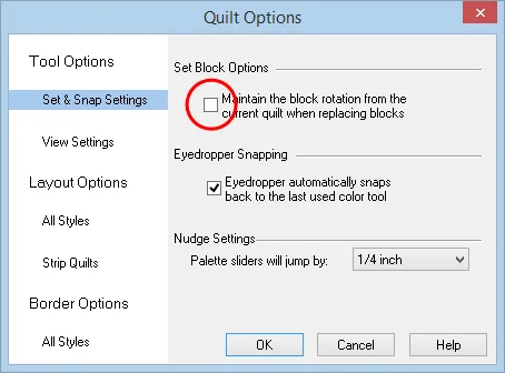 File > Quilt Options > Set & Snap Settings