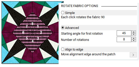 Notice the 8 patches in the center of the block. Enter 8 into the Number of rotations input box. Now, divide 360 by 8 to get the angle: 45. Using the numbers to guide you, click in the patches the number of times indicated in the picture above. For example: The bottom-most patch in the picture has a 4. Click to rotate this fabric 4 times to achieve the correct rotation. 