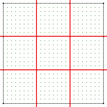 This 9 patch block is based off a 3 x 3 grid. You should then select any multiple of 3 as your grid points. So 6, 9, 12, 15, 18, 21 and 24 would all work.