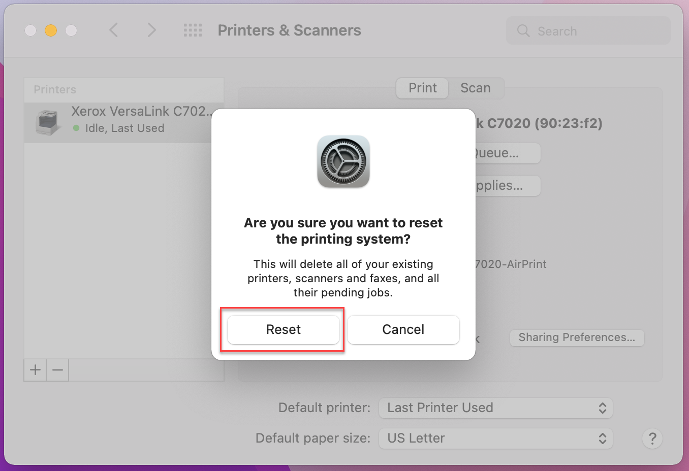 Confirm Reset Printing System